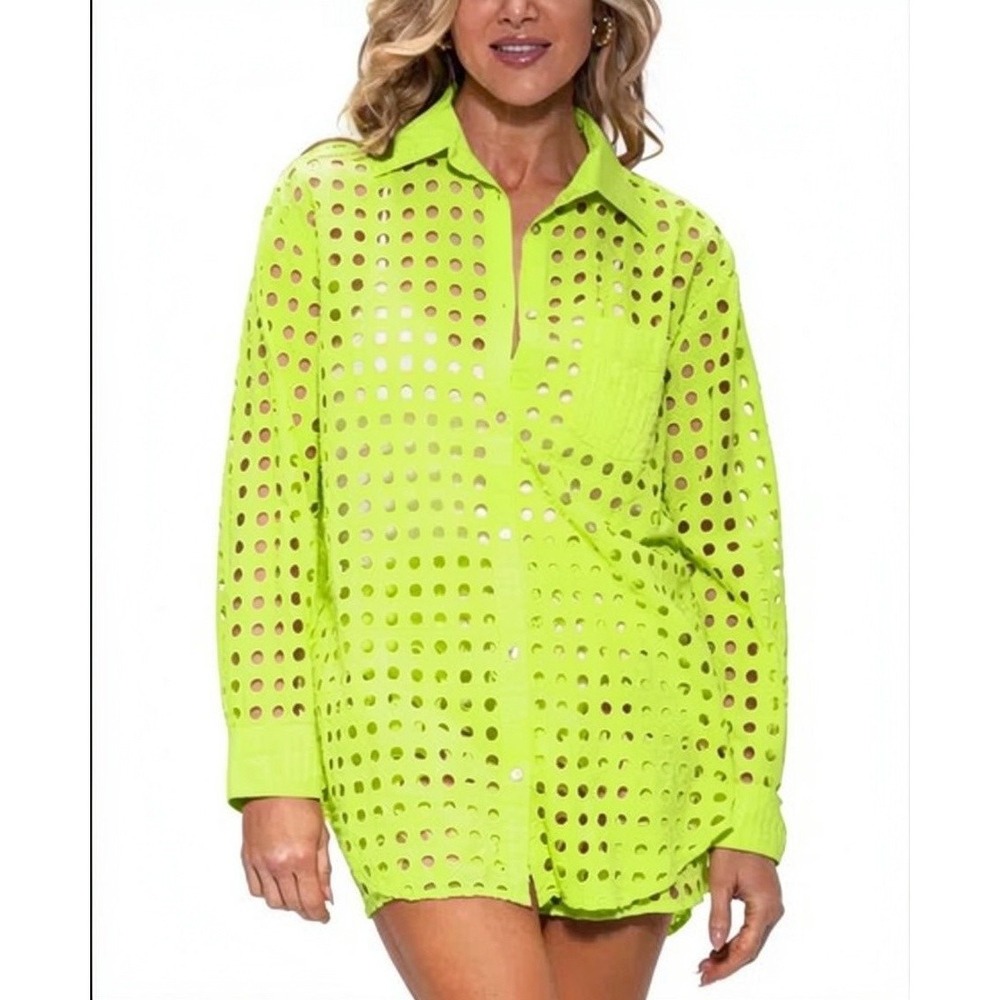 Dotti Open Work Beach Shirt Cover Up Women S Neon Green Oversized Resort $68 NWT